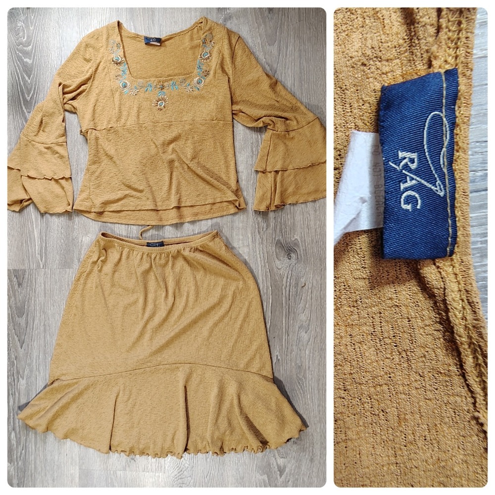 Y2K Boho Knit‎ 2-Piece Set RAG Tan Embroidered Top Ruffle Skirt Cottage No Size